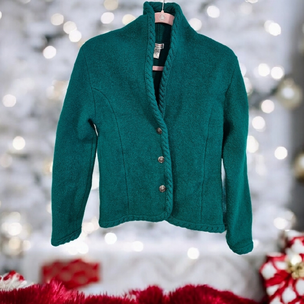 Talbots Christmas Green Wool Blazer Sweater Cardigan Vintage 90's Retro Teal